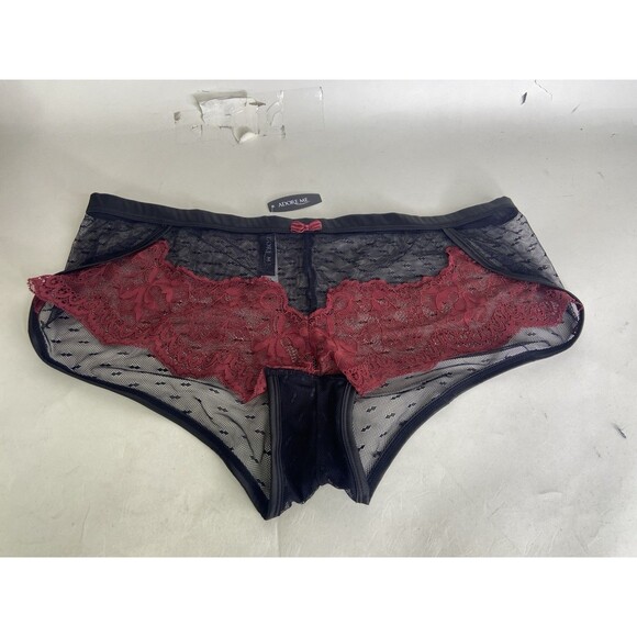 Adore Me Womens Plus 1X 16-18 Hipster Underwear Panty Black Dark Red Lace Mesh - Picture 1 of 7